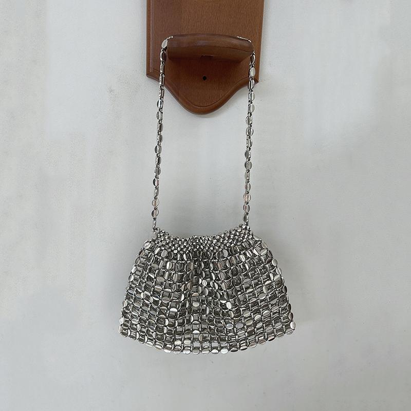 Yogodlns Women Summer Woven Hand Bag Luxury Design Hollow-out Silver Hand Woven Single Shoulder Underarm Bag