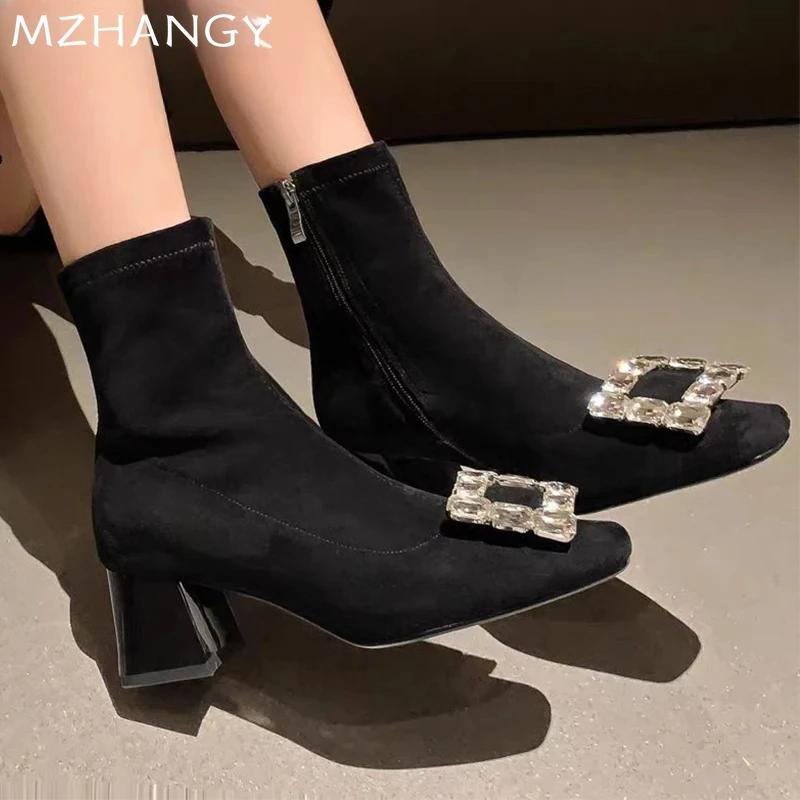 Fashion Women Crystal Chunky Ankle Boots High Heels Suede Square Toe Shoes Elegant 2024 Trend Snow Boots Pumps New Mujer Chelsea Boots
