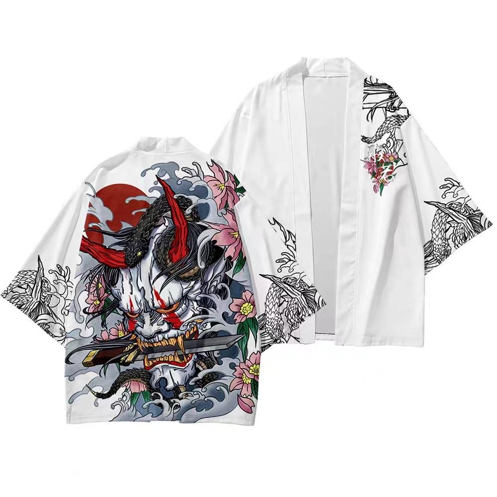 Footwear Finds Creatieve Illustratie Tao&iuml;stisch Gewaad Mantel Japanse Stijl Driekwart Mouw Casual Losse Kimono Heren Plus Size Zomer 2XL