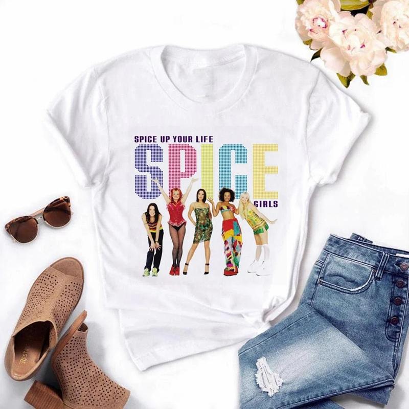 

ZX TEE Модные женские футболки с графическим принтом Spice Girls Харадзюку Белая женская одежда Летние футболки с коротким рукавом Повседневные топы с круглым вырезом 2XL
