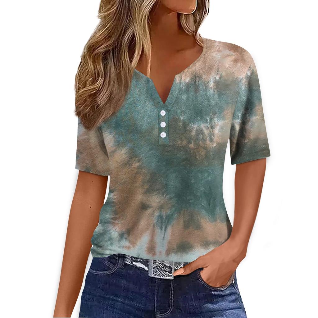 Women's T Shirt Tee Print Button Short Sleeve Daily Weekend Fashion Basic V- Neck Regular Top