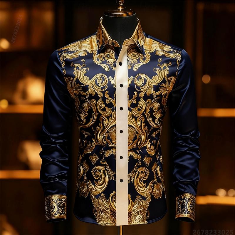 Camisa de Hombre de Manga Larga Estampada en 3D de Lujo, Camisa de Vestir Ajustada con Patrón Dorado Barroco, Camisa de Hombre para Banquetes de Negocios