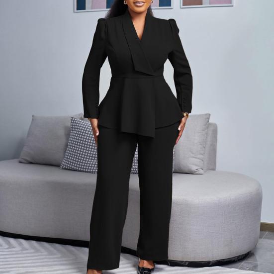 Womens Plus Size 2 Piece Outfits Long Sleeve Ruffle Irregular Hem Blazer Pants Set Business Suit Office Work Set