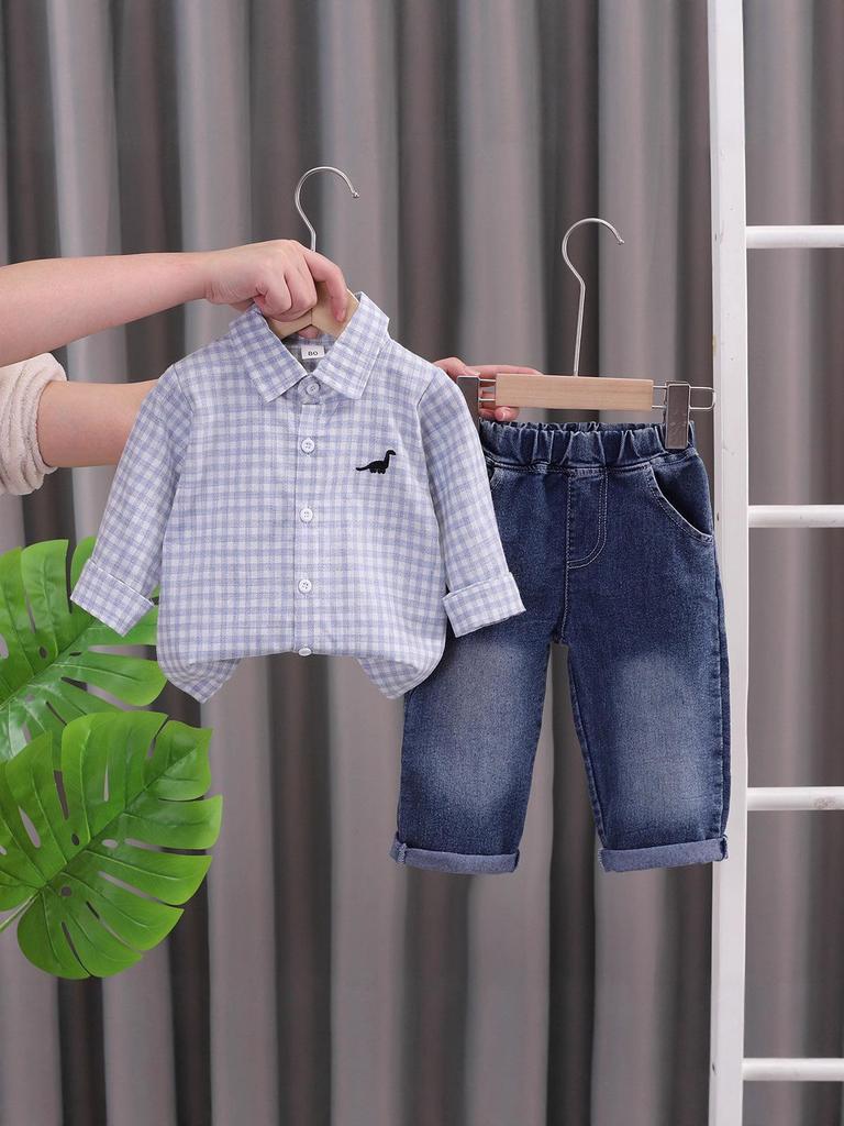 2025 Spring/Autumn Cute Boys' Plaid Shirt & Jeans Set