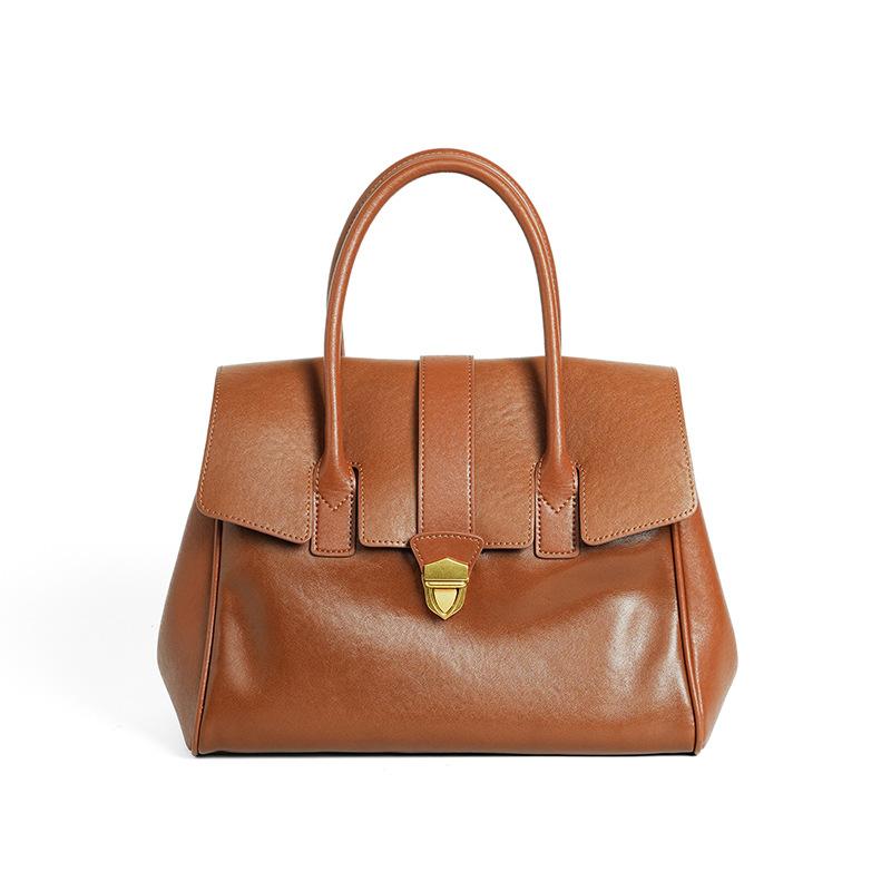 Autumn and winter leather high-end shoulder tote bag women's head layer vegetable tanned cowhide retro large-capacity portable briefcase