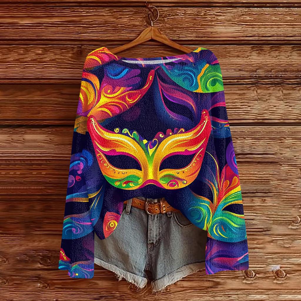 Damen Casual Mode Rundhals Oberteil Karneval Print Langarm Strickpullover