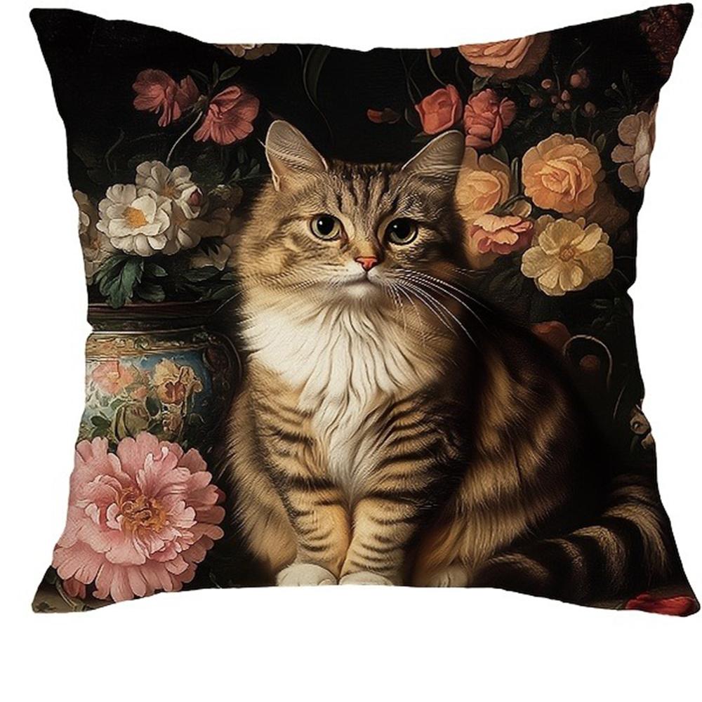 Elegant Cat - Floral Pillow CoversLiving Room Sofa Cushion Cover, Soft and Comfortable, Bedroom Room Decoration