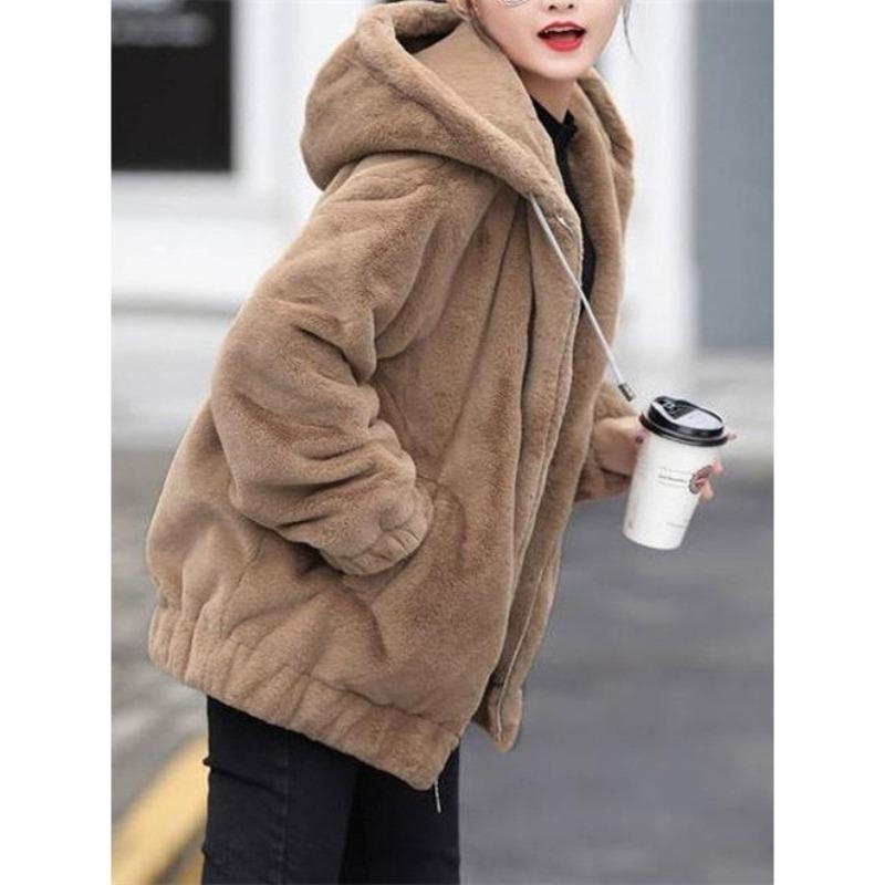 Fleece and thickened imitation rabbit fur hooded sweater jacket women's medium and long winter loose long sleeves