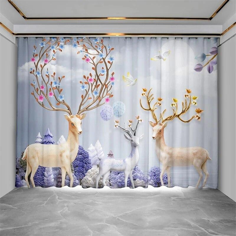 New Chinese Style Luxury Gold Elk Lucky Fortune Curtain Bedroom Living Room Kitchen Blinds Curtain 2 Panels High Shading New