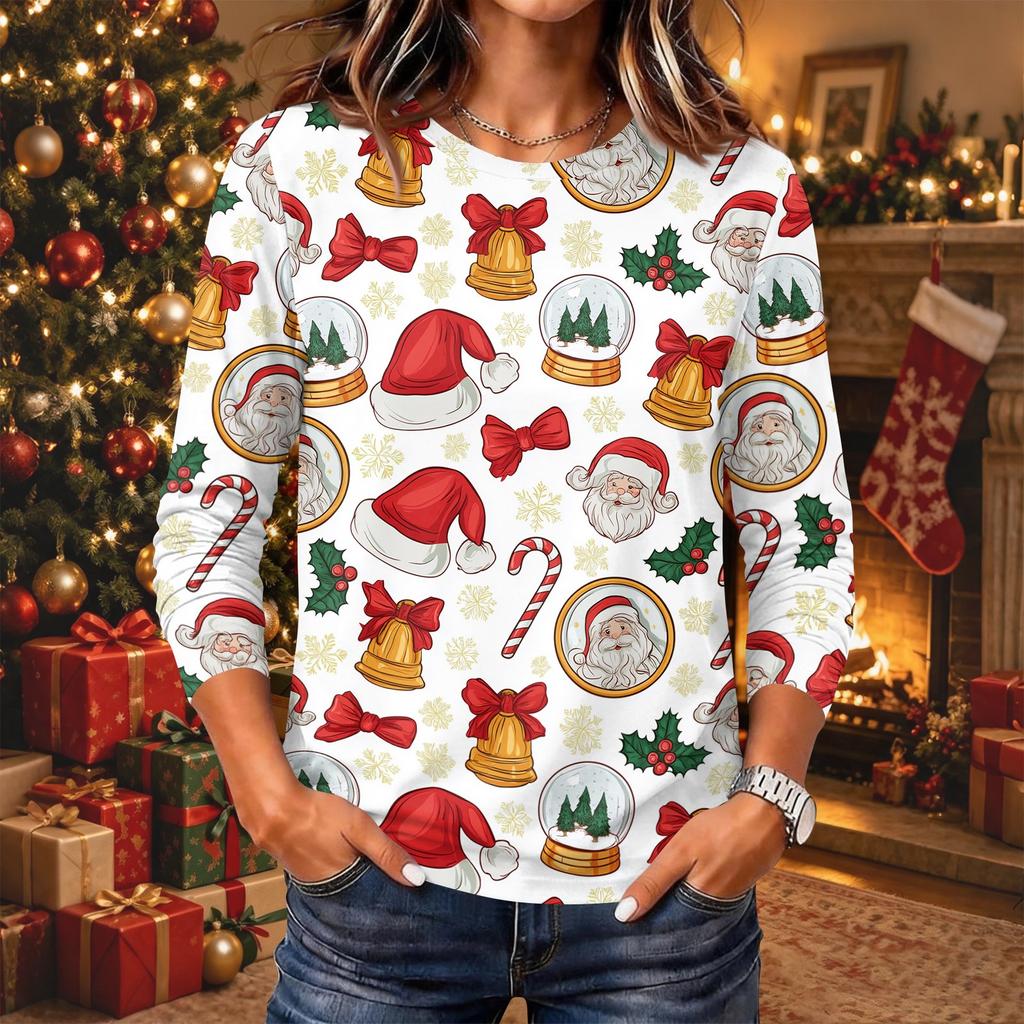 Women's Christmas Print Neck Long Sleeve Pullover Top