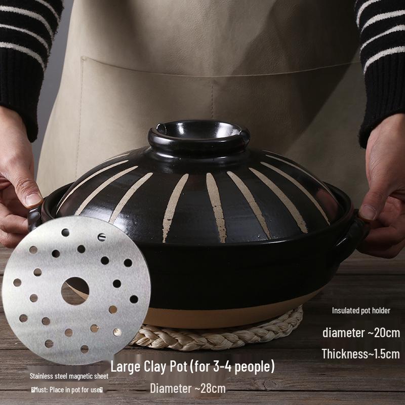 Japanse Keramische Kleipot: Multi-Use Stoofpot, Rijstkoker, Gas- en Inductiekookplaat - Kleine Maat Steen en Platte Pan voor Soepen.
