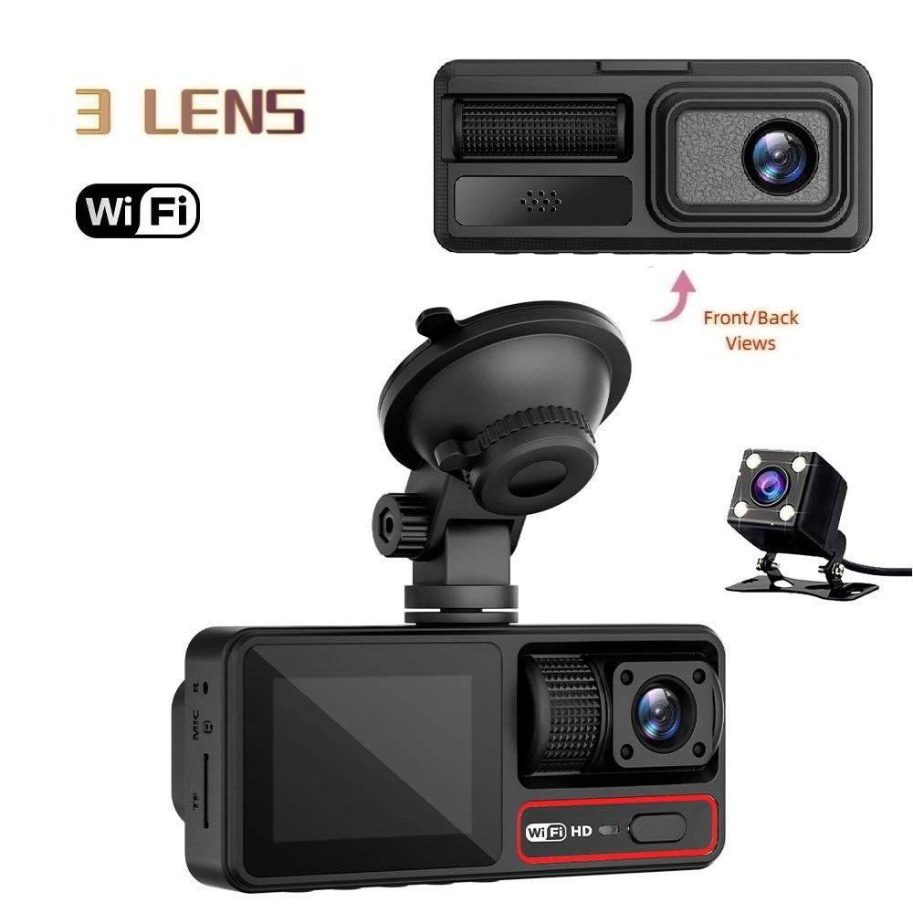 3-Lens Dash Cam, 3-Channel Recording, WiFi, HD, Phone Sync