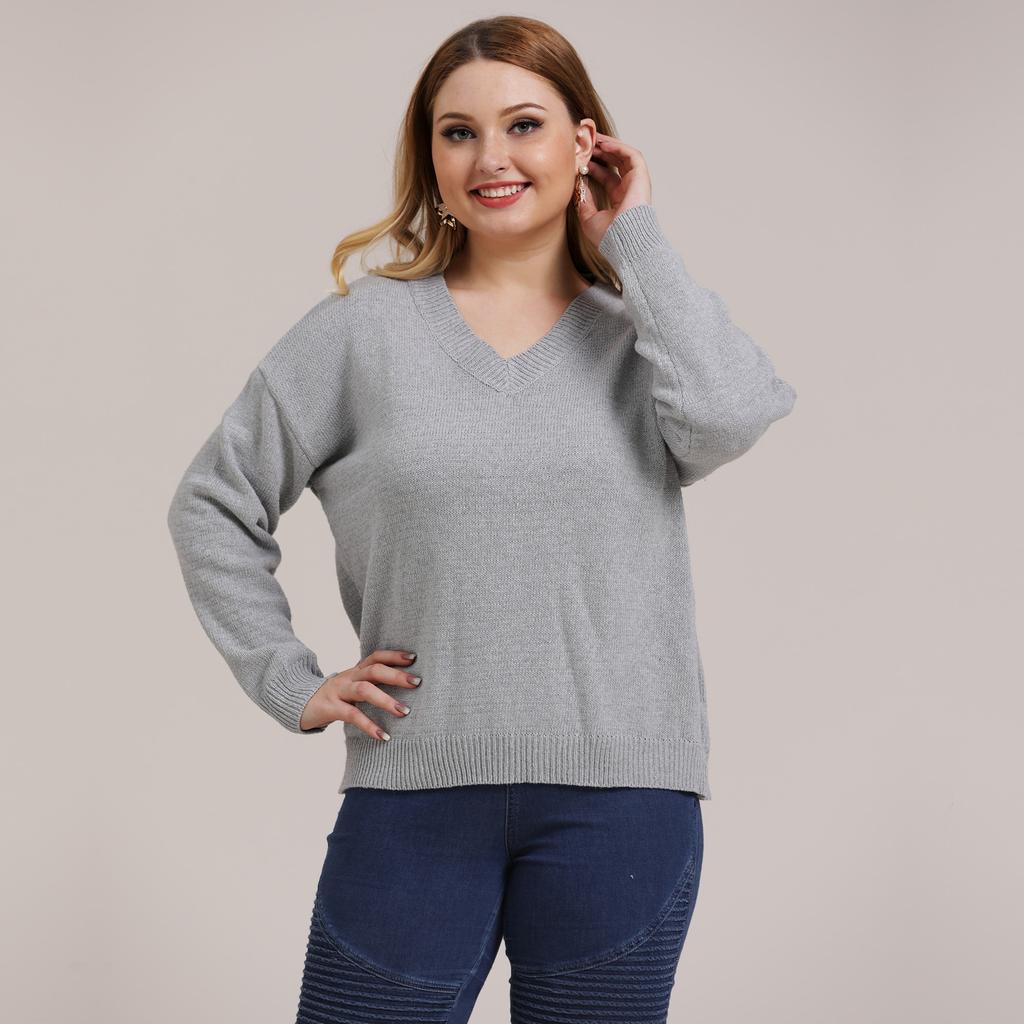 Autumn and Winter Plus Size Women's Solid Colour Simple Woven V-neck Pullover Jumper