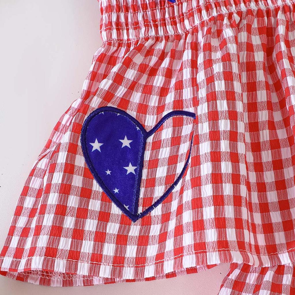 Hot Selling Patriotic Infant Girls Clothing Set Star Bow Fly Sleeve Top Plaid Shorts 2 Piece Outfit With Heart Embroidery For 0 3 Years Old Daily Wear