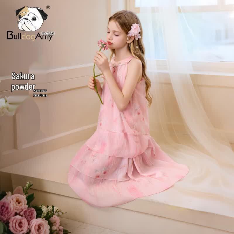 CHANZUIGOU Girls Cherry Blossom Pink Sleeveless Halter Cake Dress 150 cm
