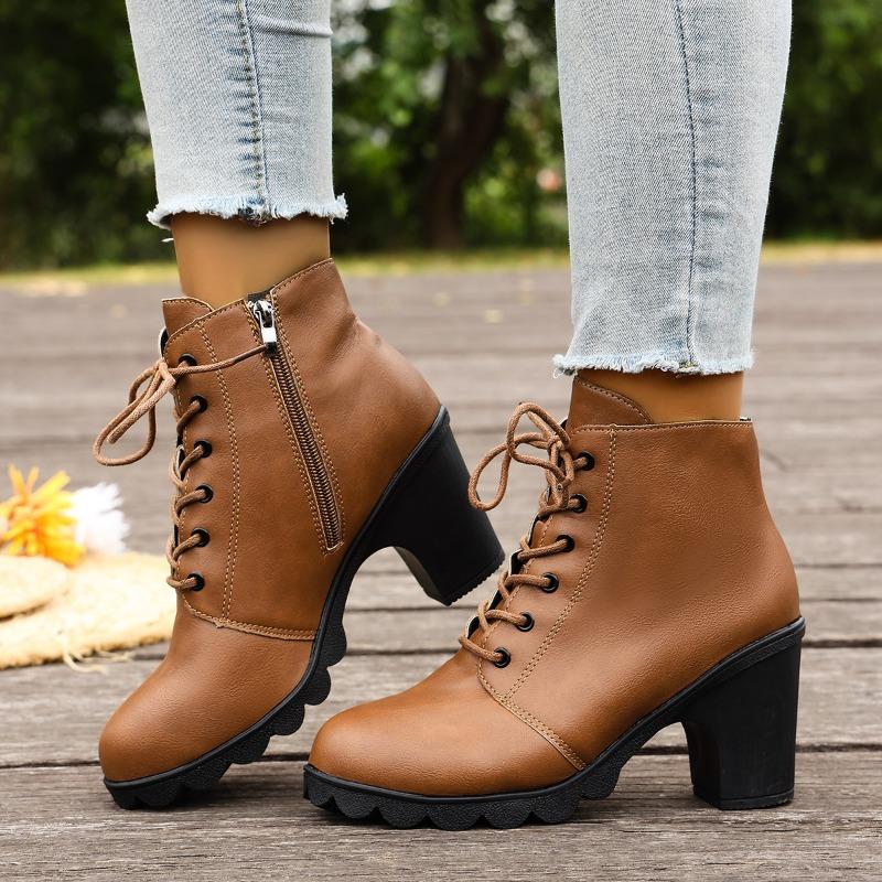2025 New Fashion Short-thigh Boots Autumn New Round Toe Lace-up Side Zipper Platform Anti-slip Wear-resistant High Heels