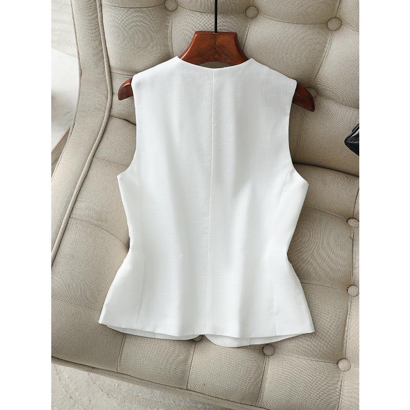 Women's Linen Blend Vest, V-Neck Sleeveless Button-Down Waistcoat, Lightweight Tailored Suit Vest for Business Casual Office