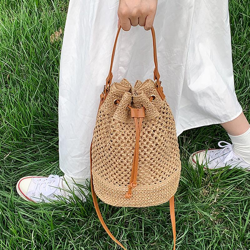 Yaz Örgülü Hasır Kova Çanta Kadınlar Için Basit İpli Plaj Omuz Crossbody Çanta