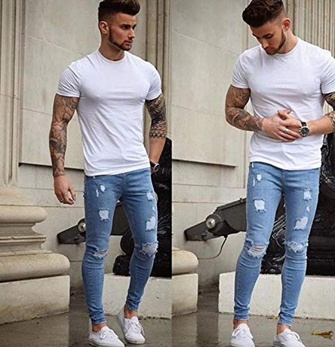 Petite De Français Men's Distressed Skinny Denim Pants, Stylish Denim, Oversized Pants, Popular Men's Denim, Skinny Pants D-2 (Blue, Size 01 S)