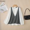 Women Casual Round Neck Long Sleeve Loose Patchwork Blouse