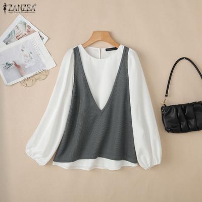 Damen Lässig Rundhals Langarm Locker Patchwork Bluse