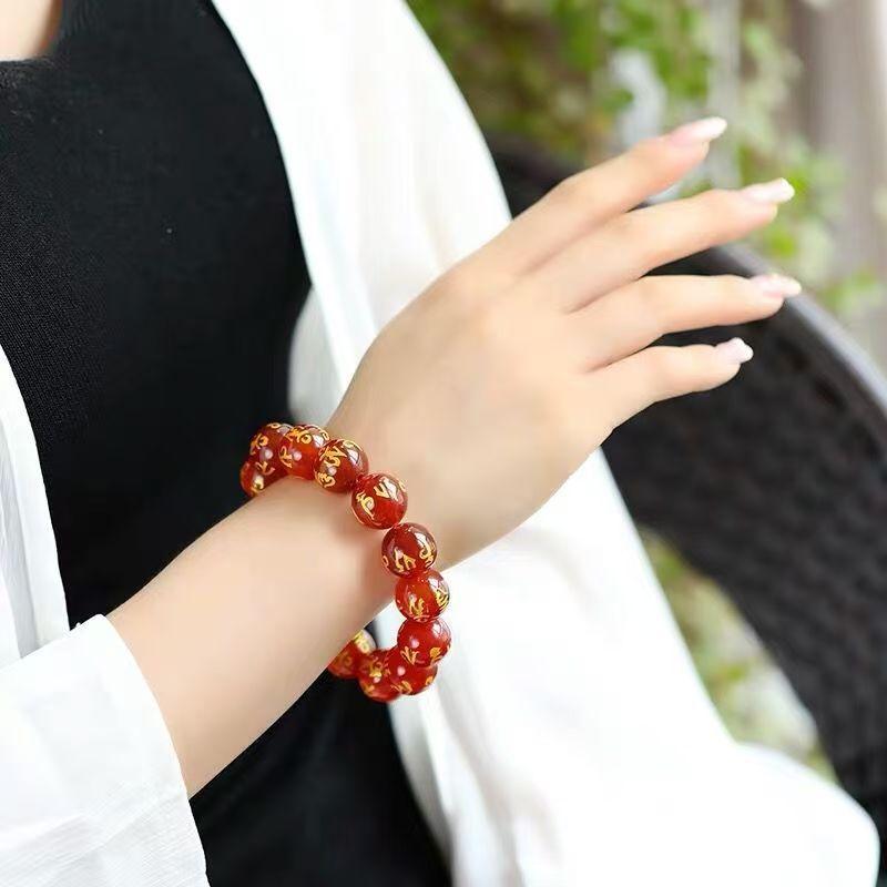 Natural Obsidian Bracelet for Men and Women, Couple's Style, with Gold-stamped Six-character Mantra and Fortune Beads