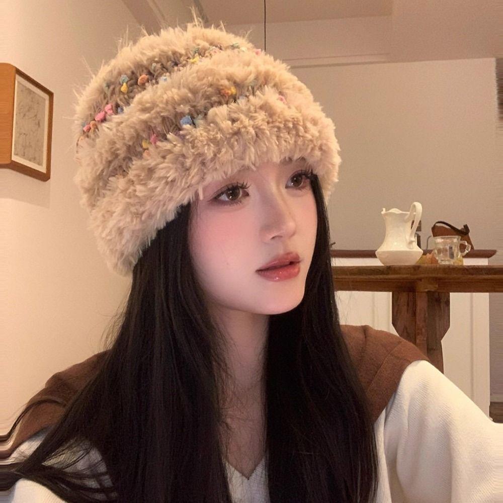 Warm Fluffy Earmuffs Thickened Pullover Cap Fashion Knitted Beanie Hat  Women