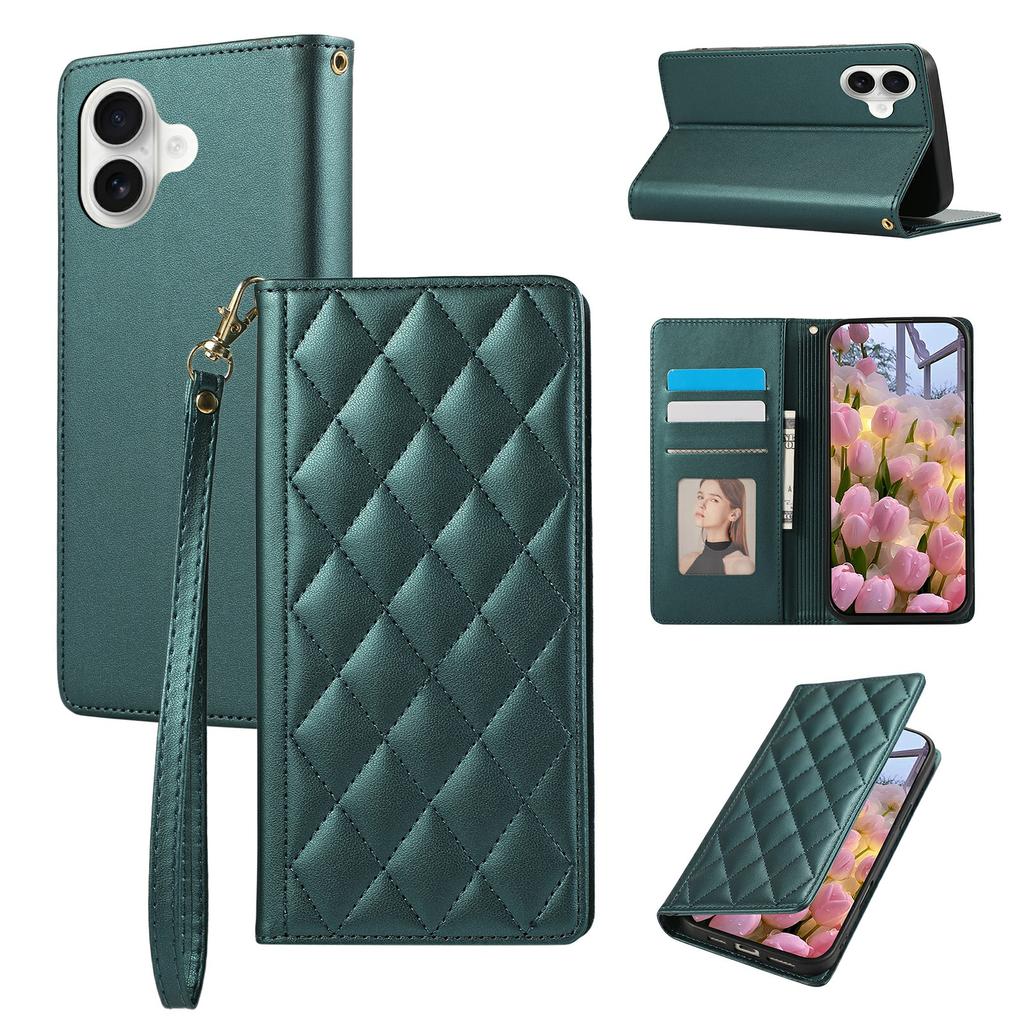 For iPhone 17 Case RFID Blocking Wallet Stand Rhombus Leather Phone Cover with Wrist Strap