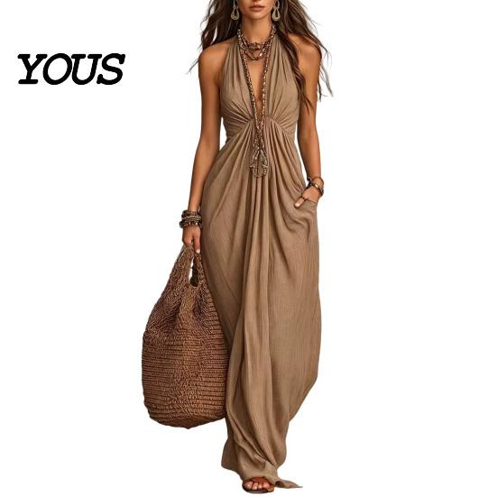 Slimming Long Skirt Dress Women Halter Neck Pleated Maxi Dress, Deep V Sleeveless Summer Party Beach Vacation Sundress, Flowy with Pockets Hidden Side