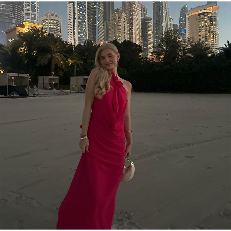 

Ladies Floral Decorative Dress Summer Slim Fit Sleeveless Hanging Neck Solid Color Dress Versatile and Elegant Temperament Summer Lady Long Dress XS червоний