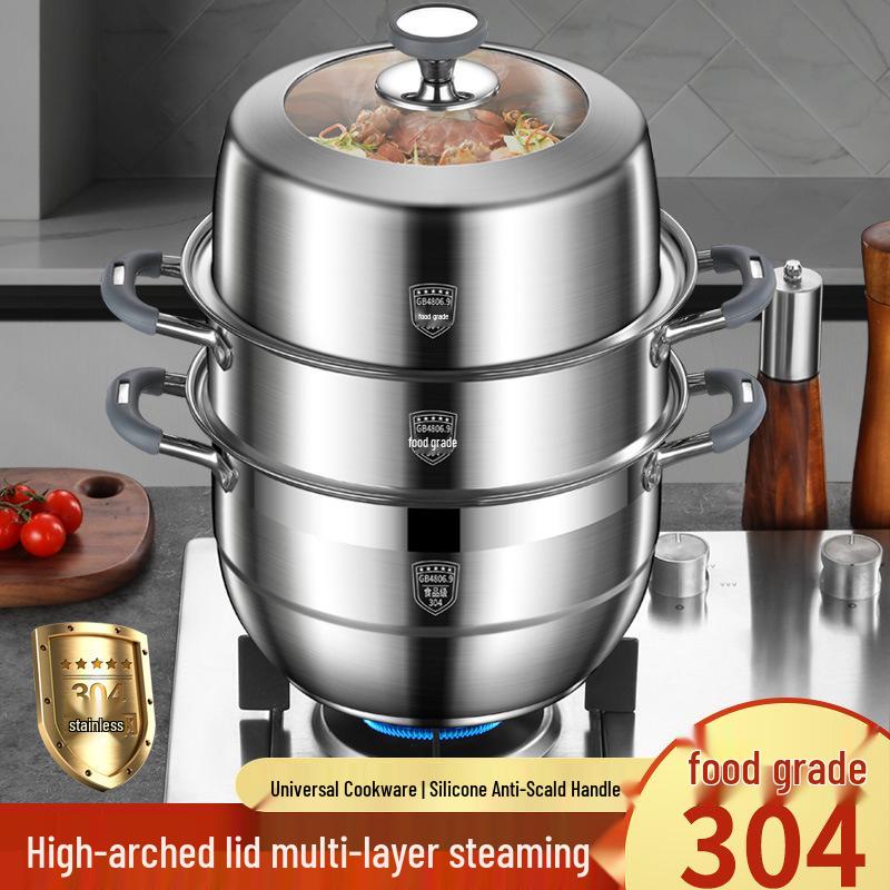 Large Capacity 304 Stainless Steel Steamer Pot with Thickened Multi-Layer Steaming Baskets for Household Use