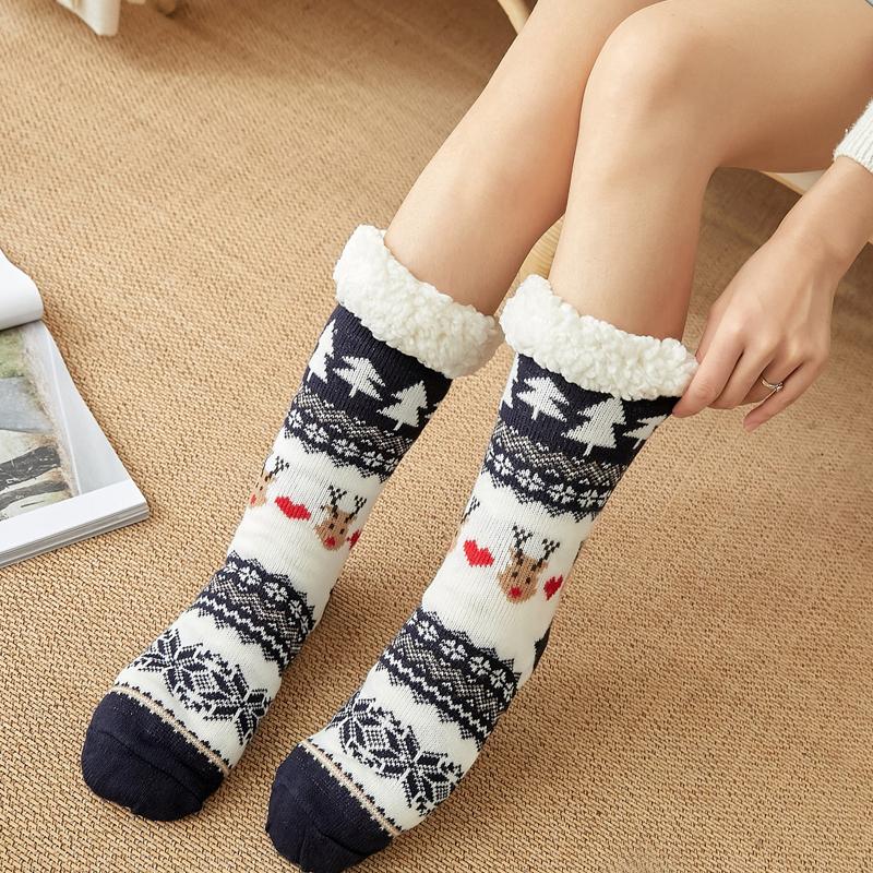 Christmas Floor Socks Women Winter Thick Slipper Socks with Grippers Non Slip Warm Fuzzy Socks Home Sleeping Stocking Xmas Gifts