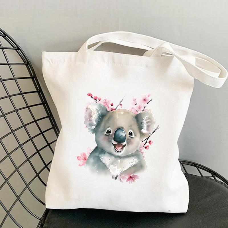 Cherry Blossoms Animal Koala Printed Shoulder Bag Student Large Capacity Canvas Eco-Friendly Bag