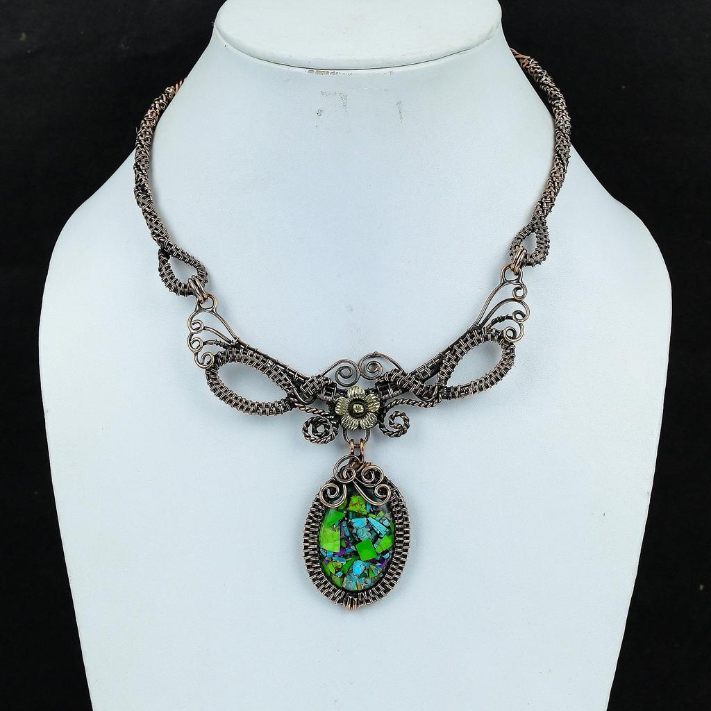 Kingman Fiesta Turquoise Handmade Gemstone Necklace, 999 Copper Wire Wrapped Necklace Antique Jewelry, For Engagement Gift