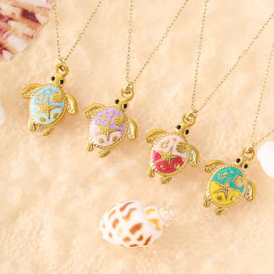 Stainless Steel Bohemian Blue Sea Turtle Oil Drop Pendant Necklace, Hawaiian Marine Life Beach Vacation Clavicle Chain