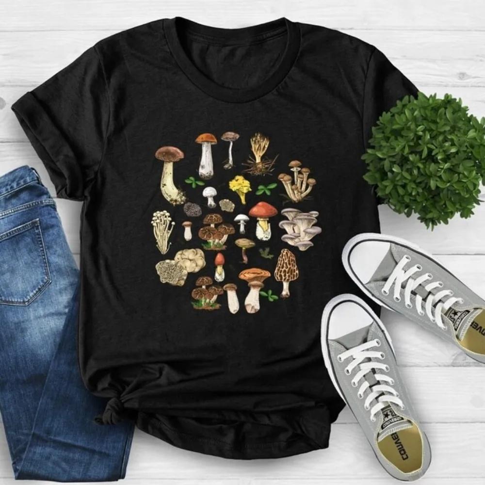 

Эстетичная футболка с грибами, футболка с волшебными грибами, ботаническая футболка для любителей природы, футболка с грибами, женская летняя футболка с круглым вырезом, хлопковая, с коротким рукавом XXXL чёрный