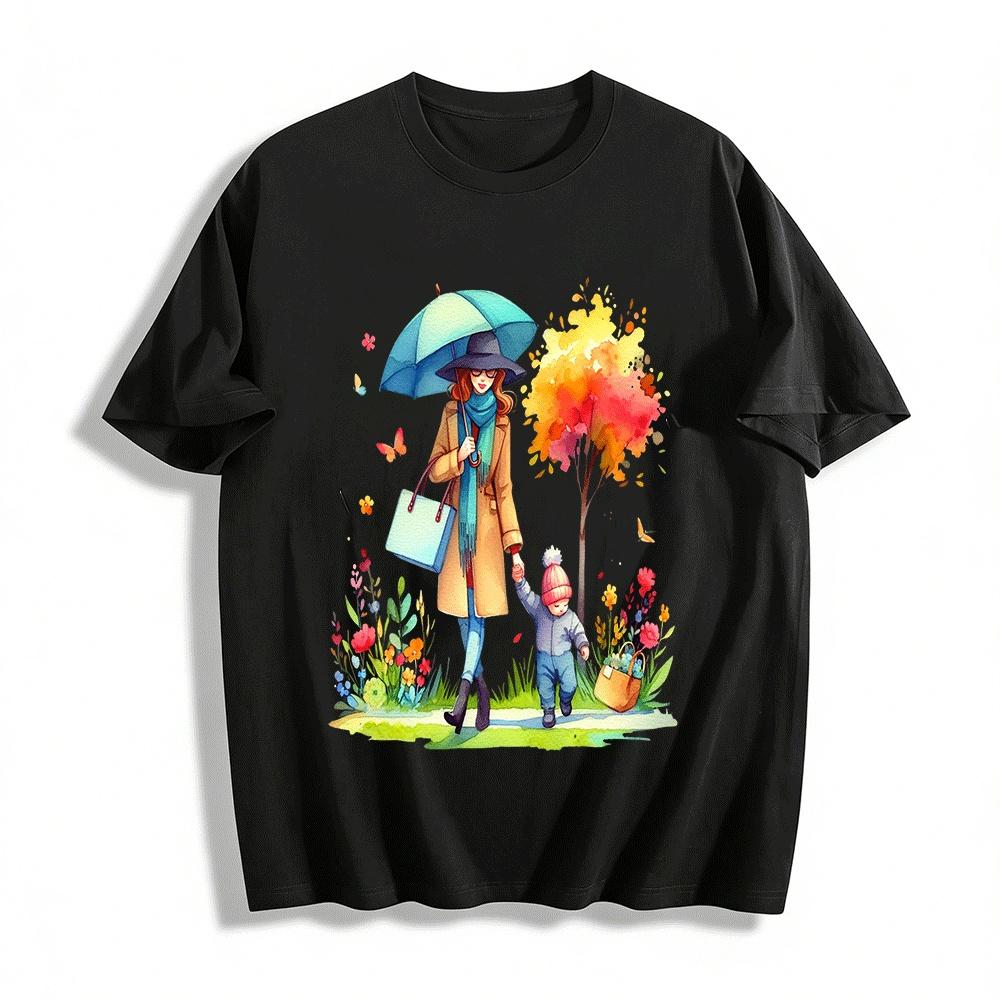 Autumn Parent-Child Walk Watercolor Print Casual Top For All Ages Pure cotton T-shirt XXS
