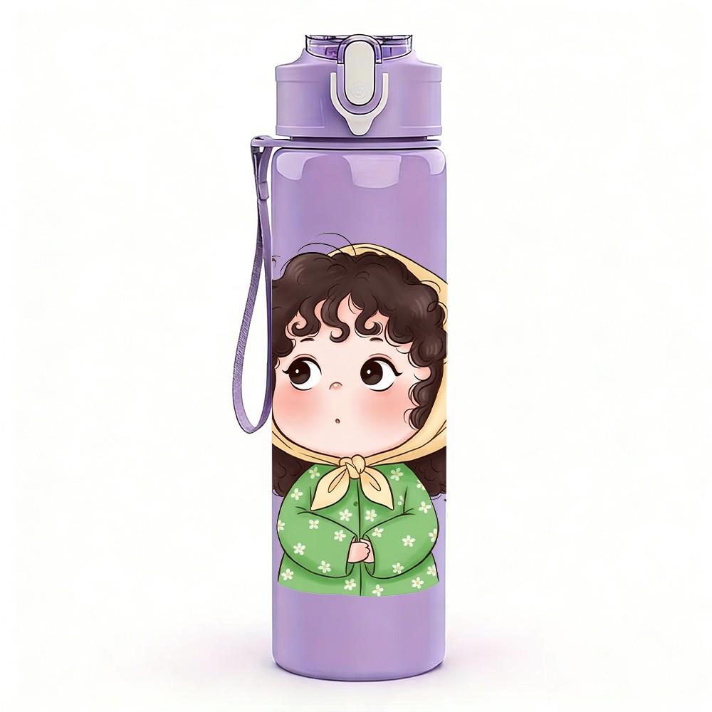 1PC Little Girl Dark Hood Cartoon Print 750ml Color Plastic Sports Water Bottle Leakproof Flip Straw Lid Suitable for Sports Office Home Use