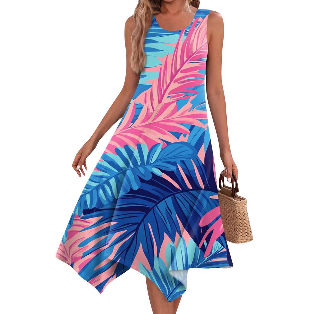 Women's Casual Fashion Round Neck Sleeveless Print Irregular Hem Midi Dress Hem Midi Dress