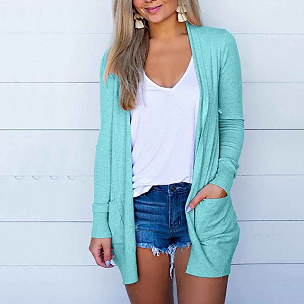 Fashion Women's Solid Colour Tops Long Sleeves With Pockets Cardigan Jacket