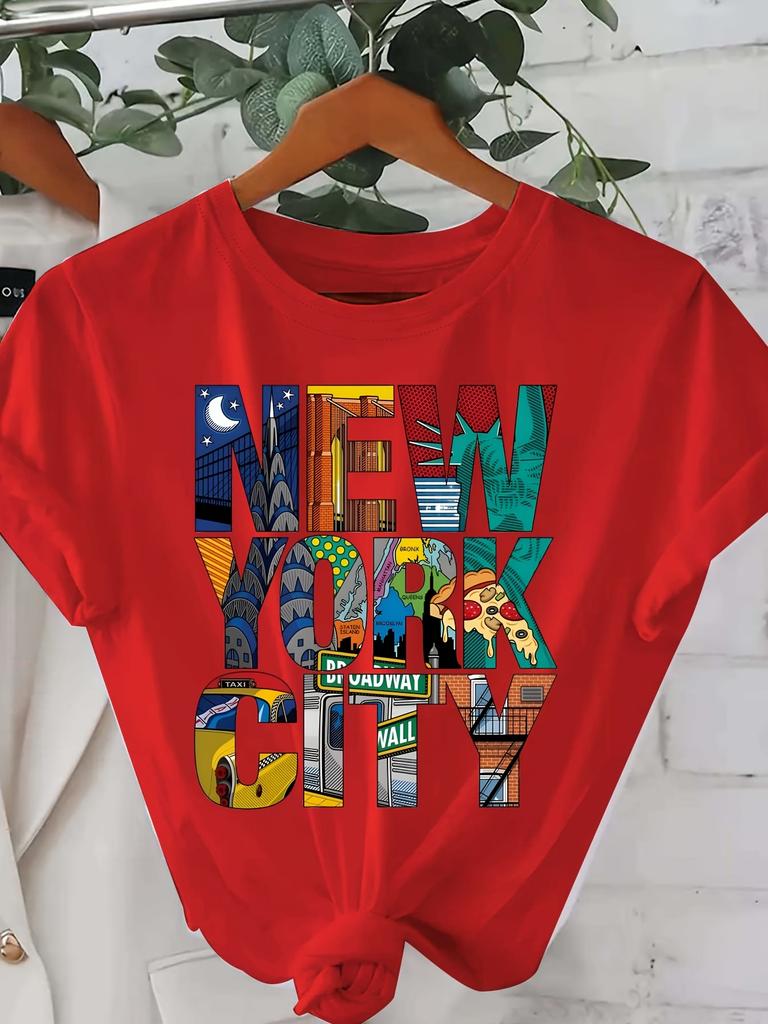 Women's Summer 100% Cotton Fashion Casual New York City Pattern Printed Loose Round Neck Short Sleeve T-shirt Top