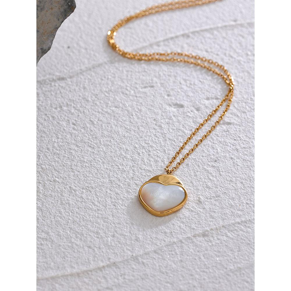 Yhpup Stainless Steel Natural Shell Heart Pendant Romantic Necklace Gift Fashion Collar Neck Jewelry for Women Bijoux Femme