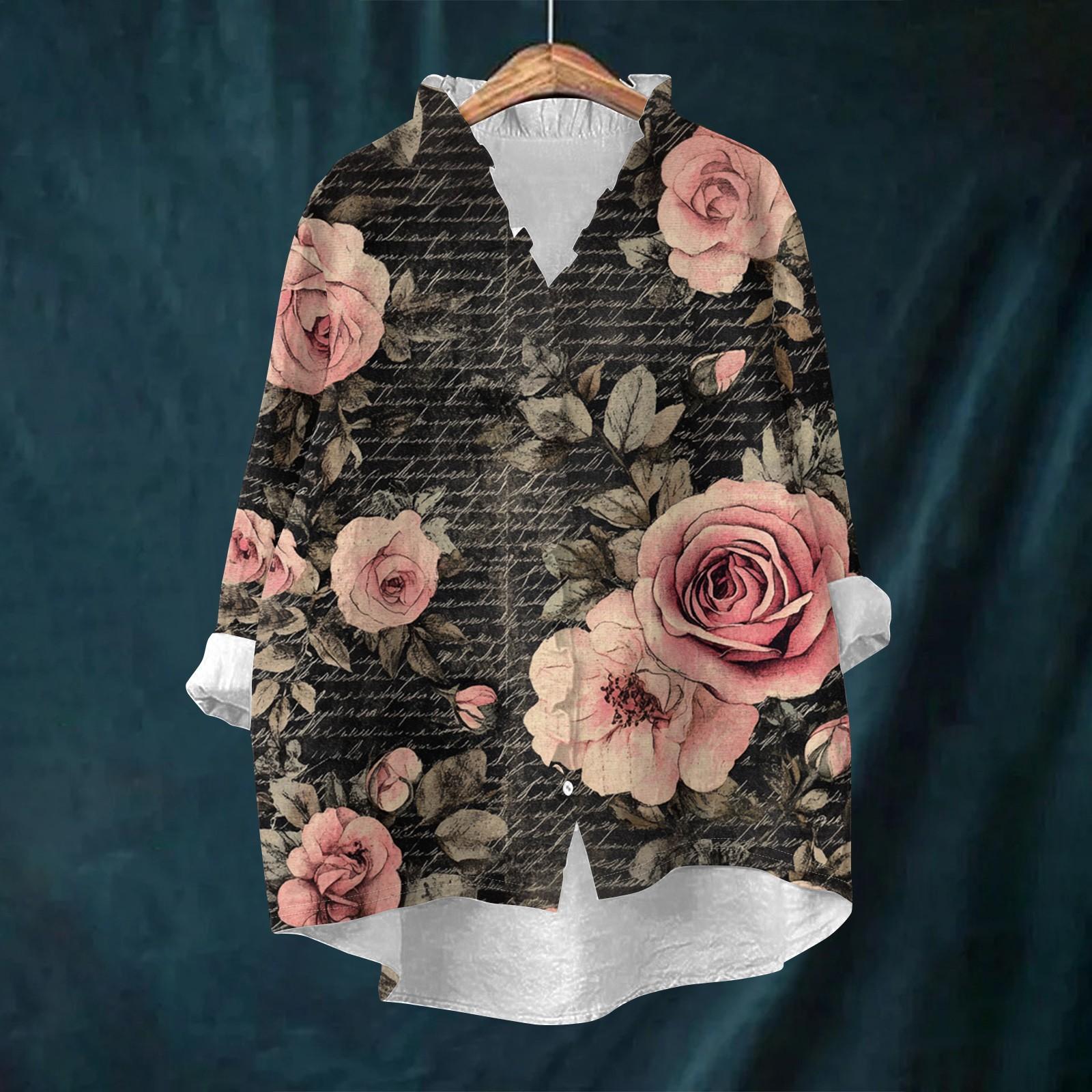 

Women s Loose Ruffled Retro Floral Print Stand Collar Long Sleeve Cotton And Linen Top L чорний