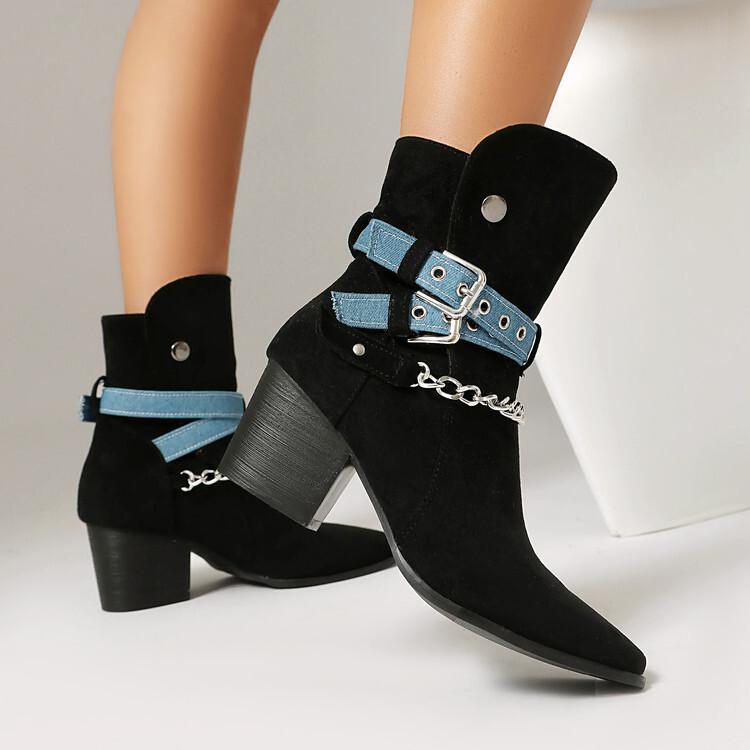 Large size casual matte leather boots high-top buckle slip-up men's boots fashion personalized chain square head leather shoes