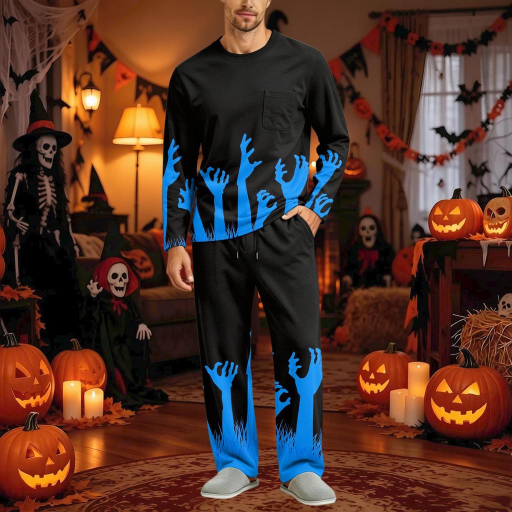 Men's Halloween Pajama Set Long Sleeve with Button Crotch and Elastic Waist Drawstring for Holiday Sleepwear