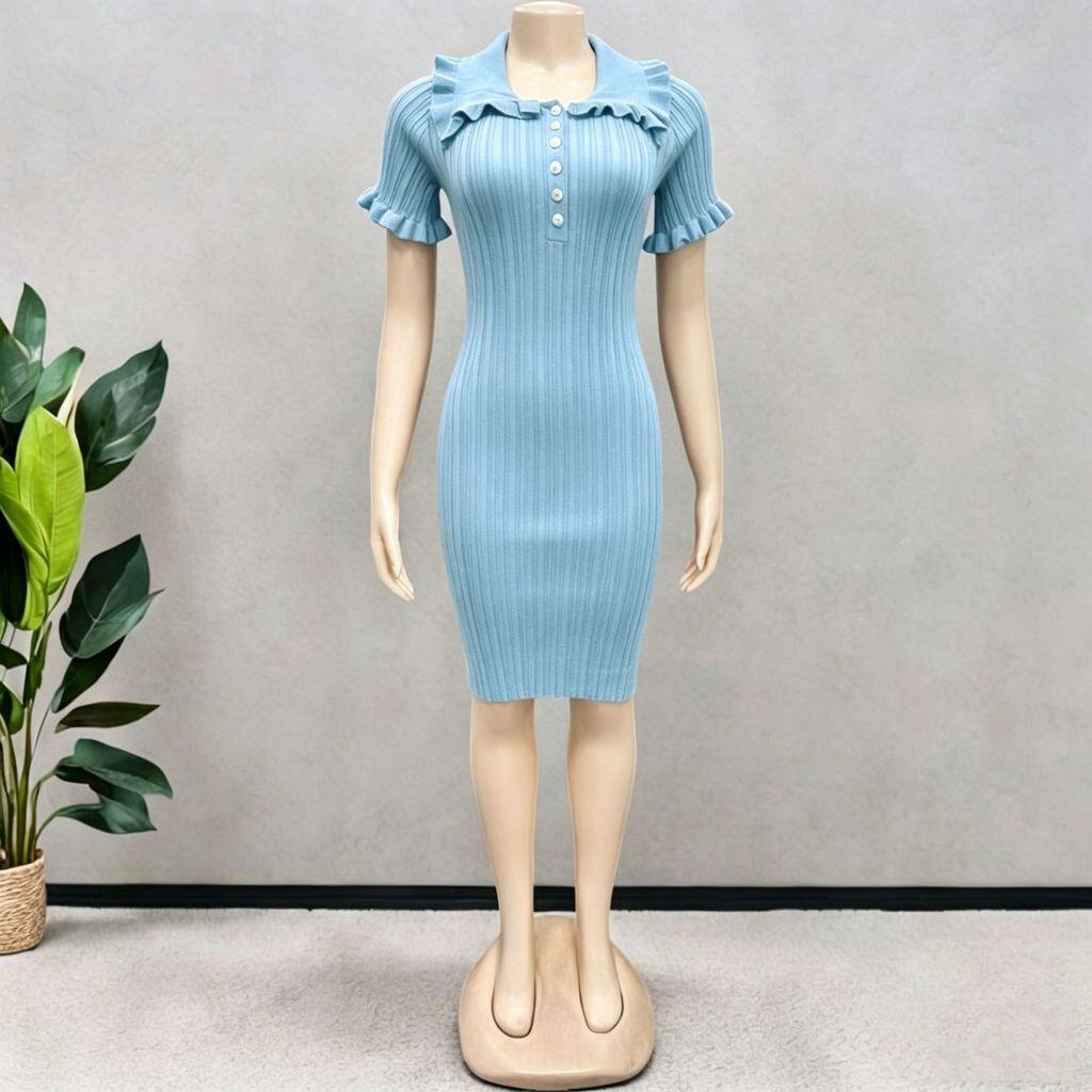 Vintage French Style Knit Dress With Puff Sleeves For Summer Casual Wear