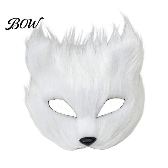 Soft Texture Fox Mask Long Fur White Half Face Mask, Halloween Masquerade Cosplay Adjustable Party Elegant Fairy for Ancient Style Photoshoot