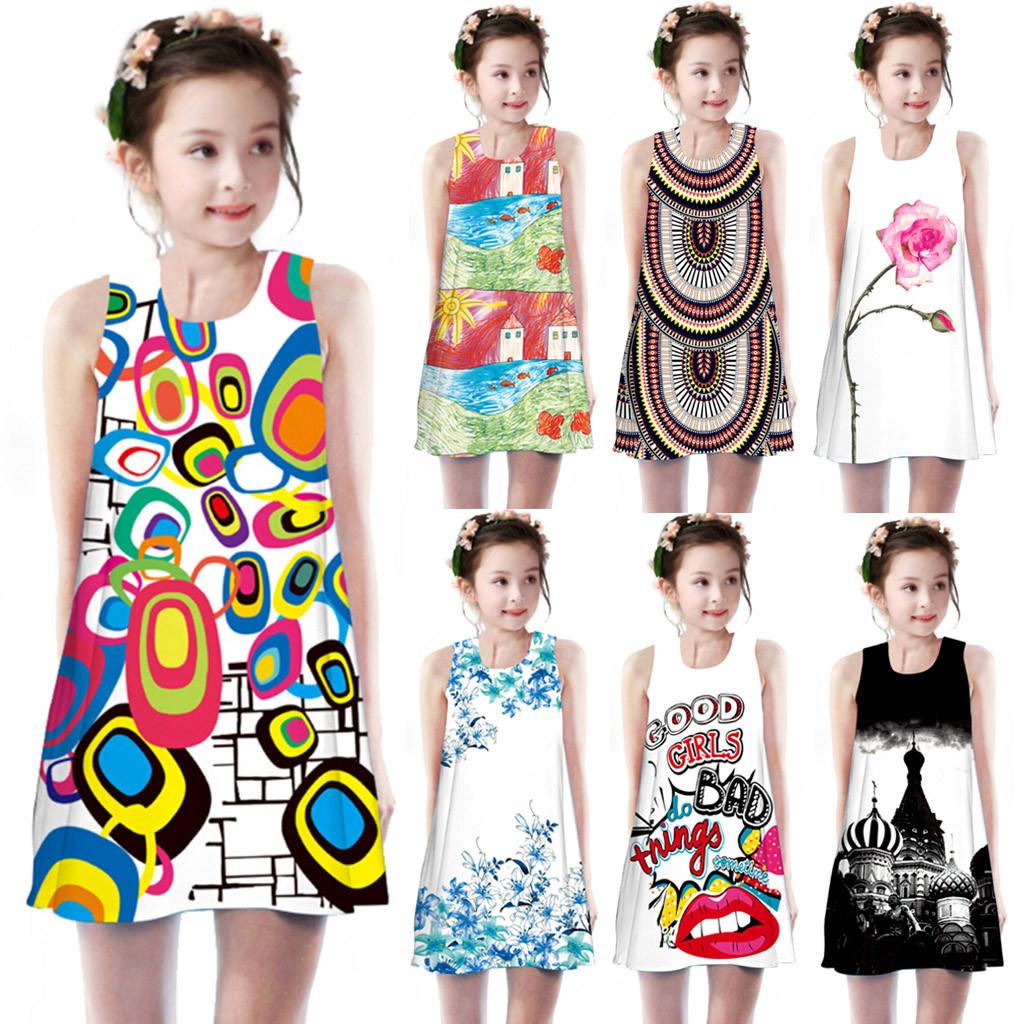 Toddler Kids Baby Girls Summer Princess Print Party Sleeveless Dresses Clothes