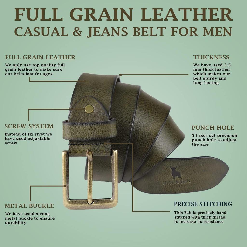 Full Grain Genuine Leather Belt for Men | Belt for men leather | Casual Belt | Jeans Belt |Adjustable Free size fits 28-40 inches | Gift Box included