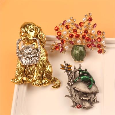 Broche Strass Chien Grenouille Fleur Épinglette Cristal de Luxe Étincelant Décoratif Vêtement Avec Badge Corsage